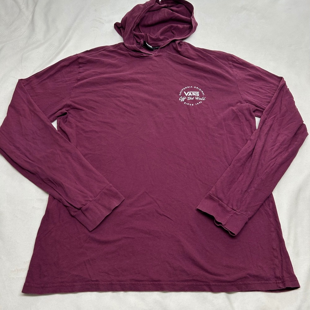 Vans Off The Wall Mens Hooded T-Shirt Long Sleeve Maroon Burgundy Graphic Large
